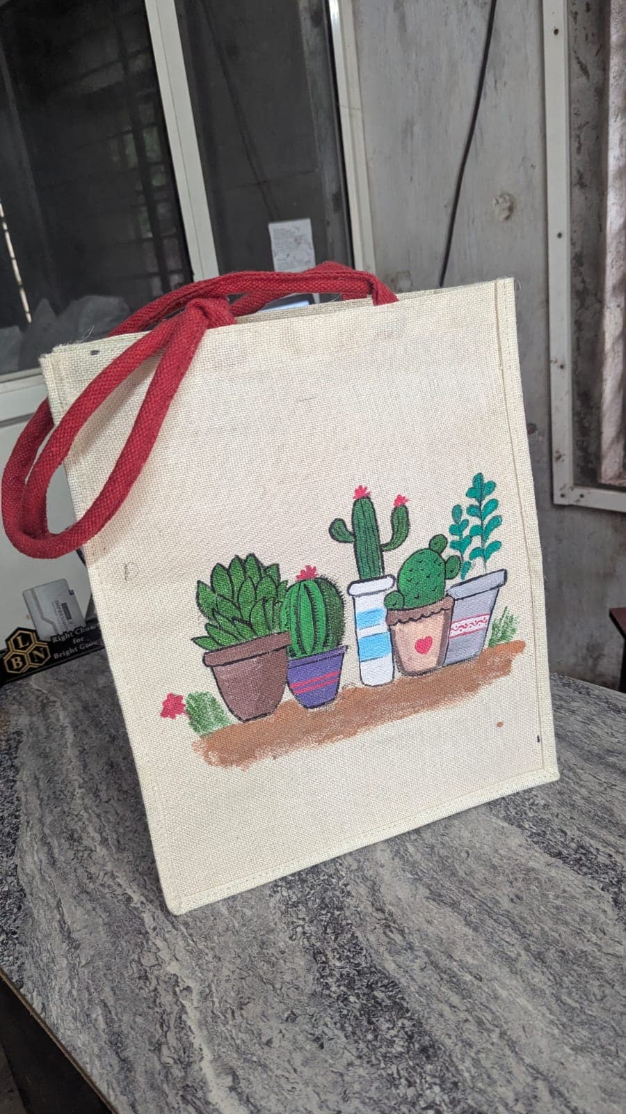 Boutique jute tote with cactus and succulent illustration