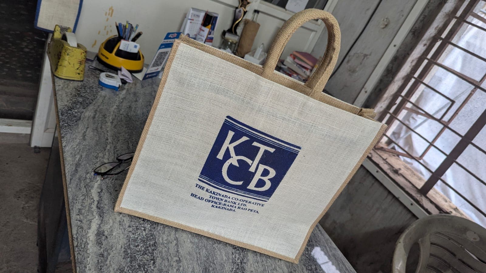 Custom jute tote with KCB logo for The Kakinada Co-operative Town Bank