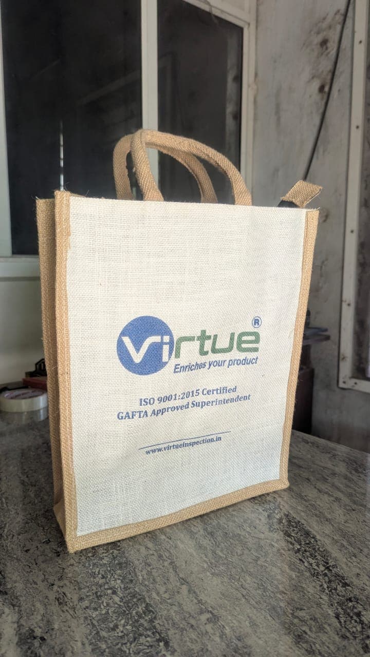 Corporate jute bag printed for Virtue — ISO 9001:2015 certified, GAFTA approved