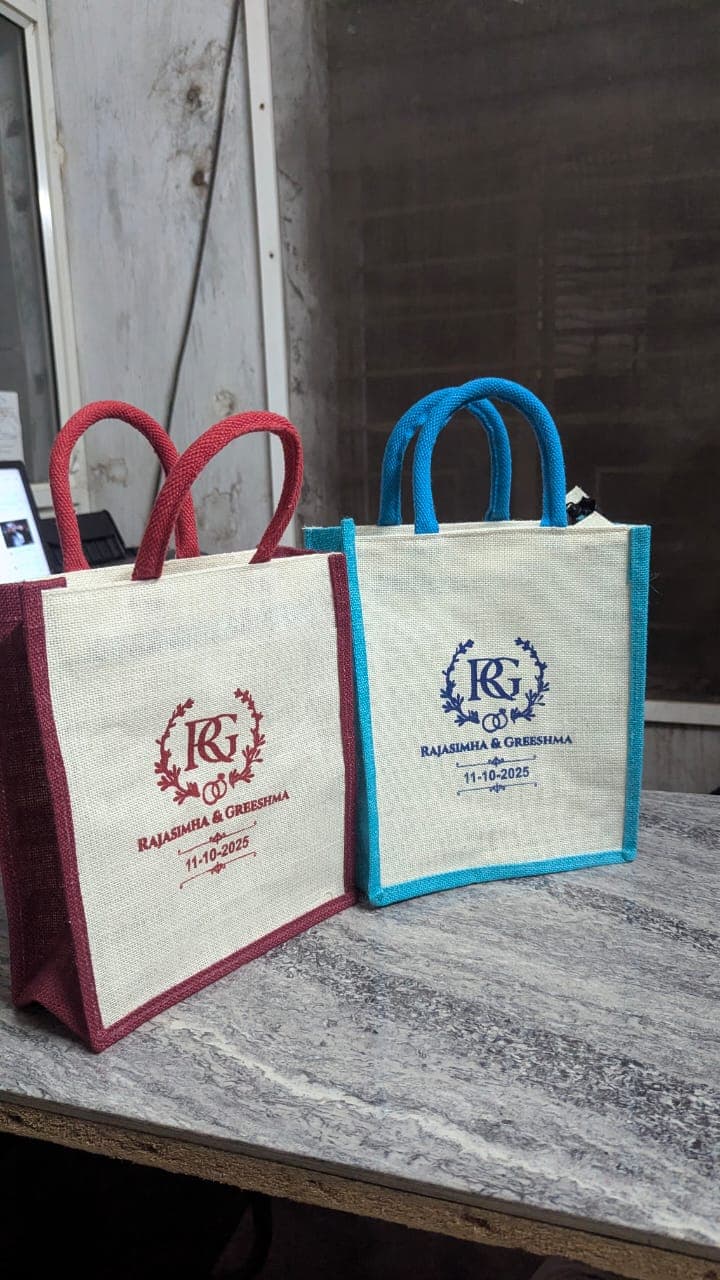 Wedding favour jute totes — Rajasimha and Greeshma monogram, dual colourways